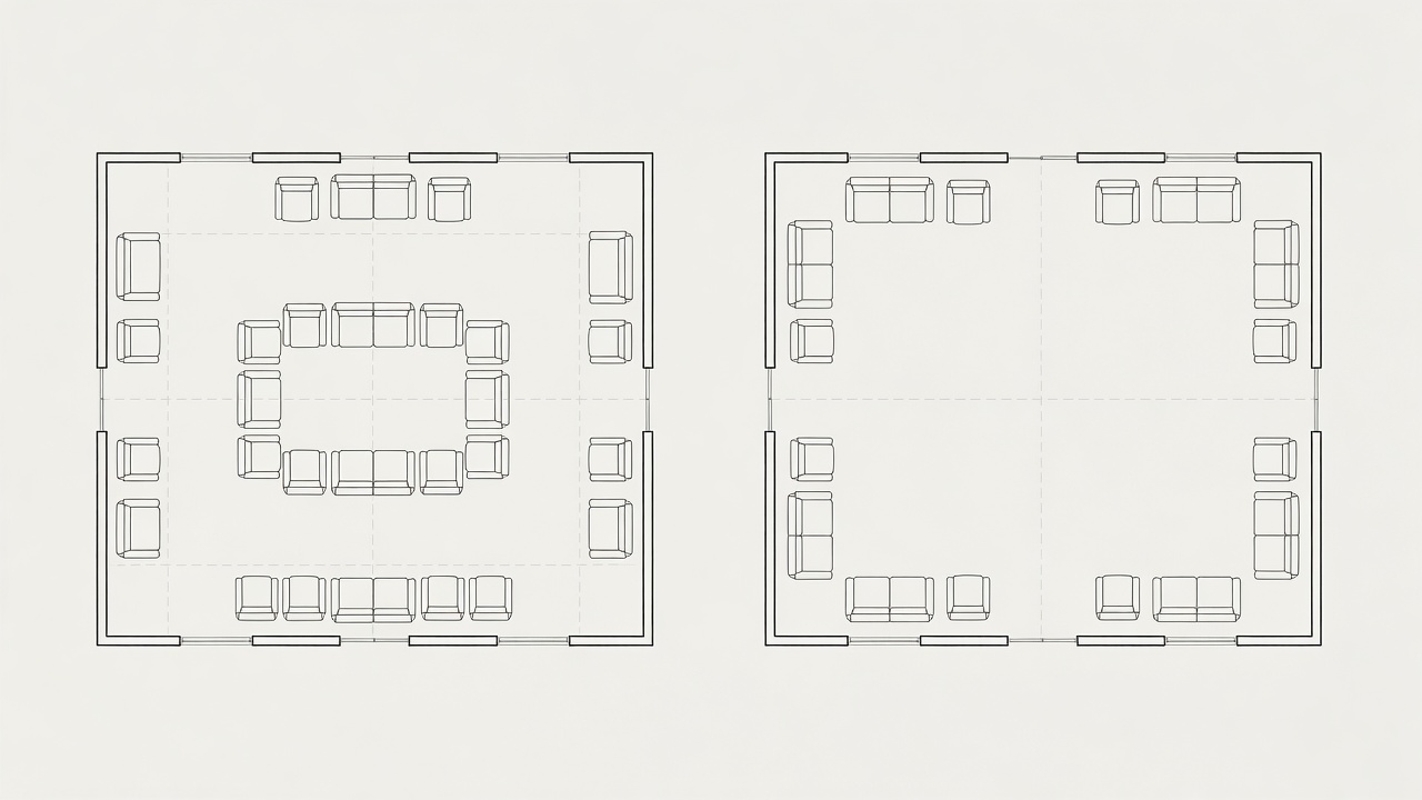 Two flat room plans comparing a blocked central route with seating grouped to leave a clear side passage