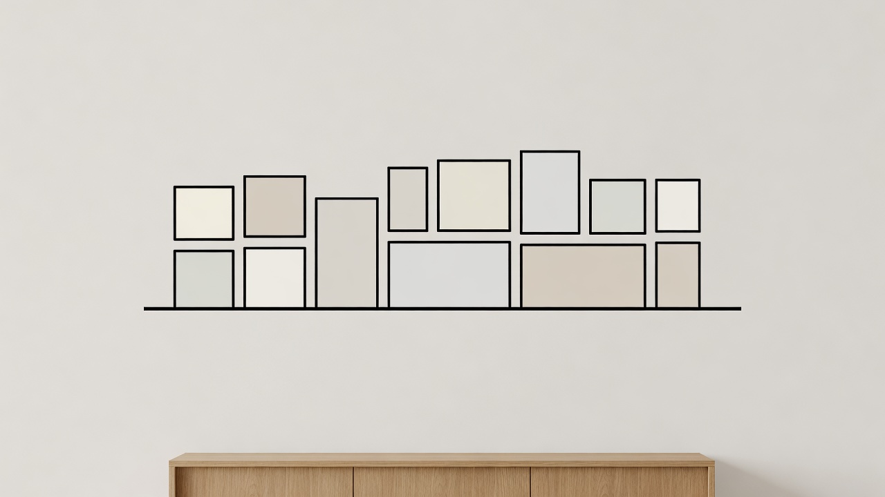Flat illustration of paper frame templates grouped above a cabinet, with a shared lower line and generous outer margins