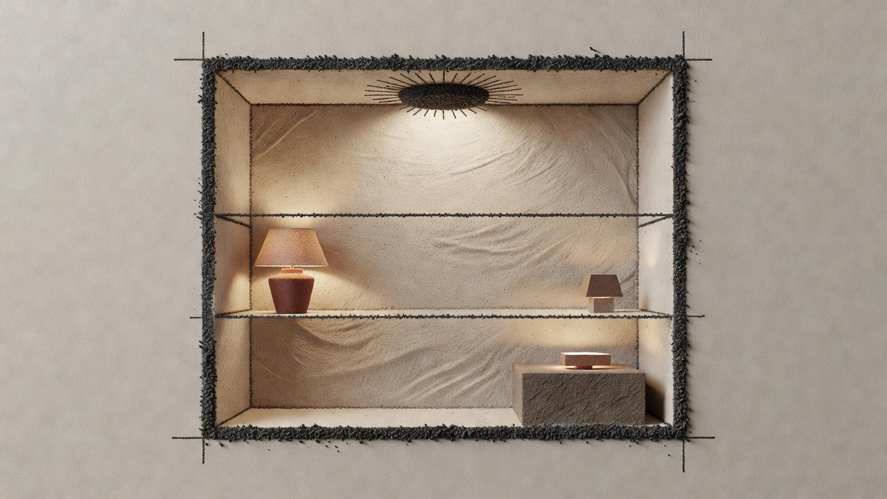 Sand and charcoal room diagram with a general ceiling fitting, a terracotta reading lamp and a small cabinet lamp